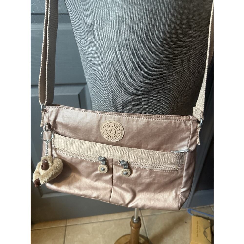Kipling Angie Metallic Rose Gold Crossbody Bag Nylon Monkey Keychain MultiPocket